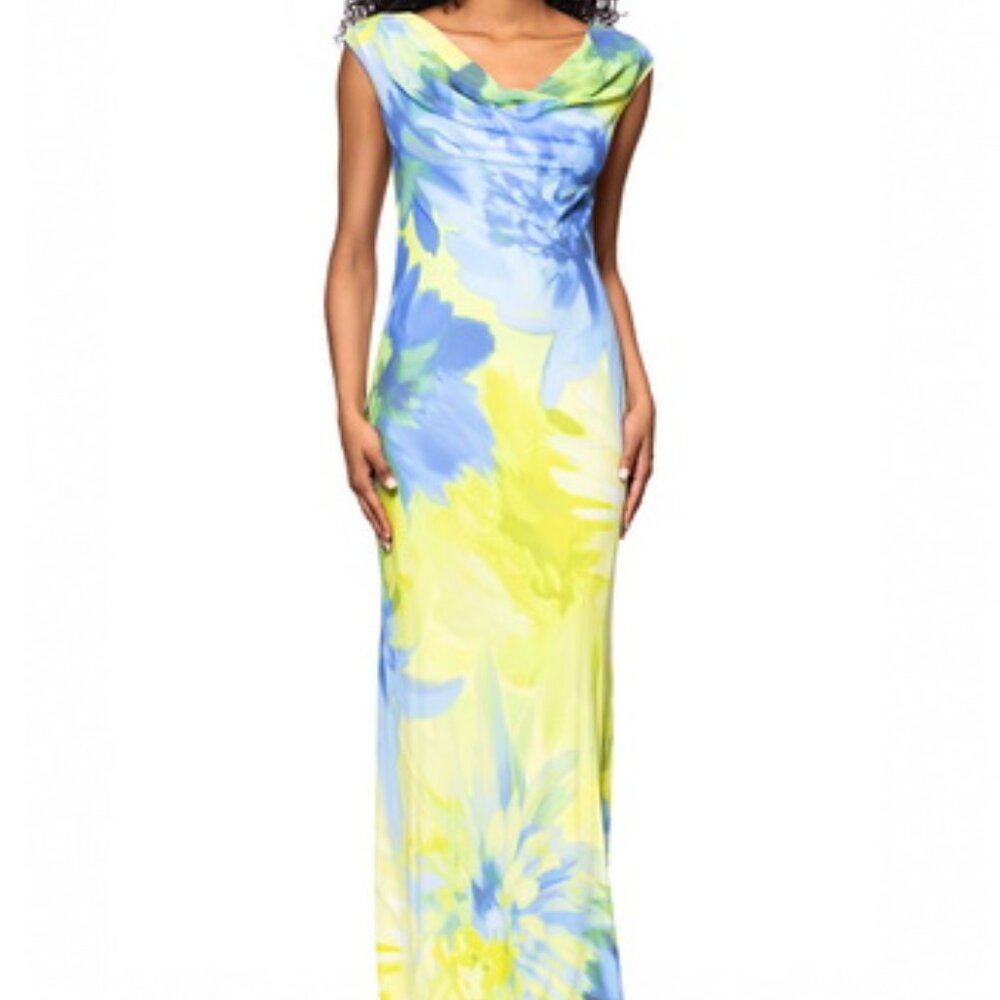 Betsy & Adam Citrine Abstract Floral Cowl Neck Chiffon Gown
